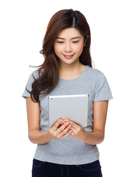 Asian young woman in grey t-shirt — Stock Photo, Image