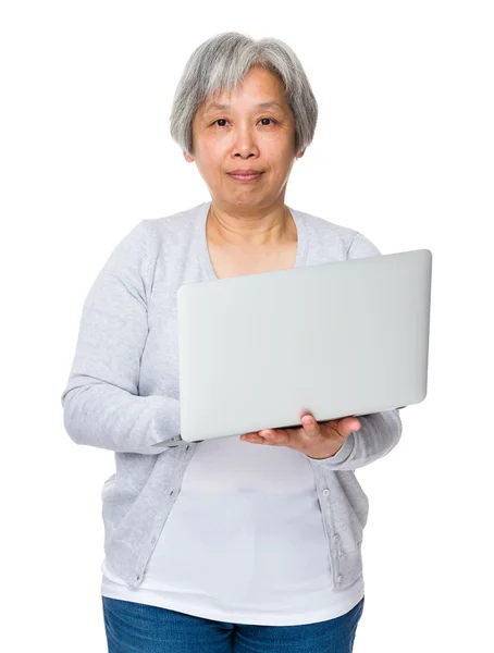 Asian old woman in grey cardigan — Stock Photo, Image