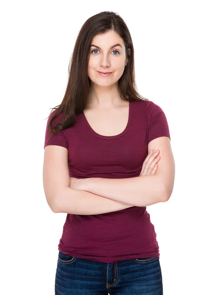 Kaukaski kobieta młody w kolorze czerwonym t-shirt — Zdjęcie stockowe