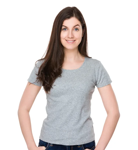 Caucasian young woman in grey t-shirt — Stock Photo, Image