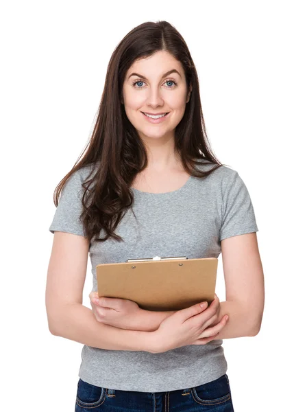 Caucasian young woman in grey t-shirt — Stock Photo, Image