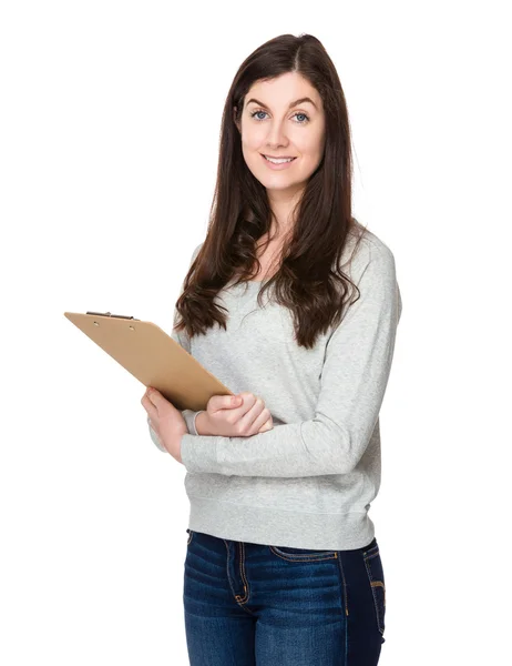 Caucasian young woman in grey sweater — Stock Photo, Image