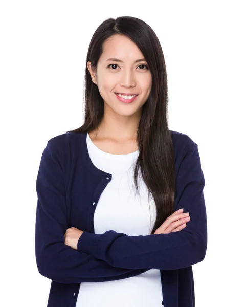 Asiática joven mujer en azul cárdigan — Foto de Stock