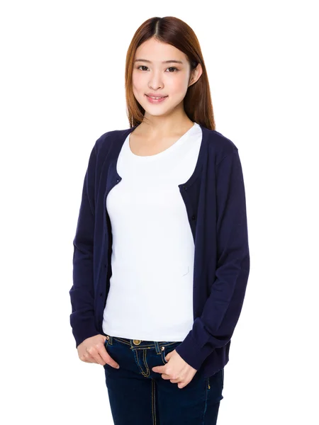 Asian young woman in blue cardigan — Stock Photo, Image