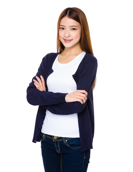 Asya genç kadın mavi hırka — Stok fotoğraf