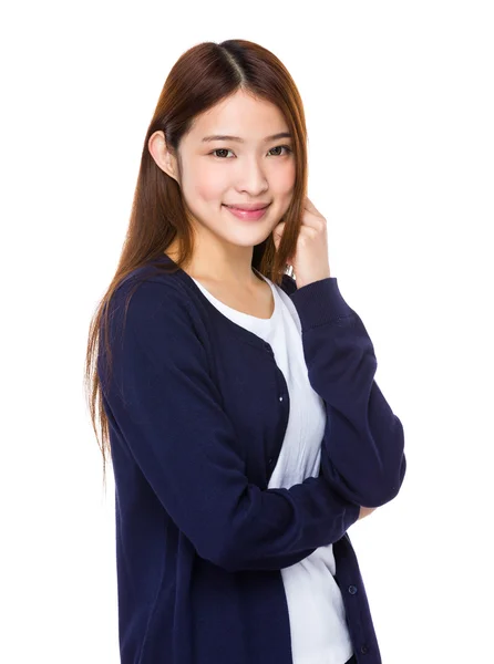 Asiática joven mujer en azul cárdigan —  Fotos de Stock