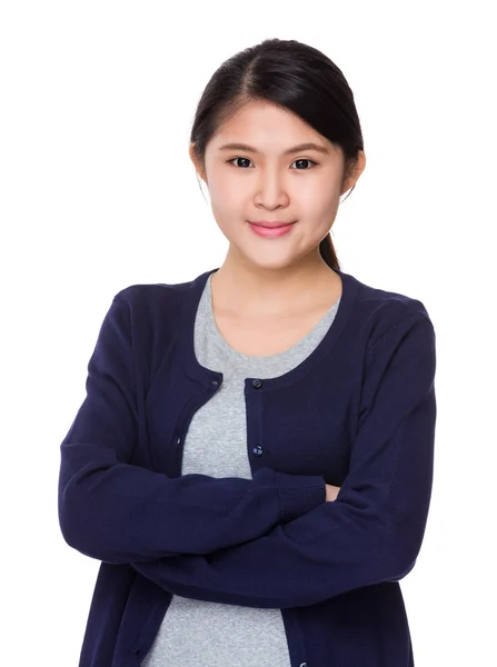 Asiática joven mujer en azul cárdigan —  Fotos de Stock