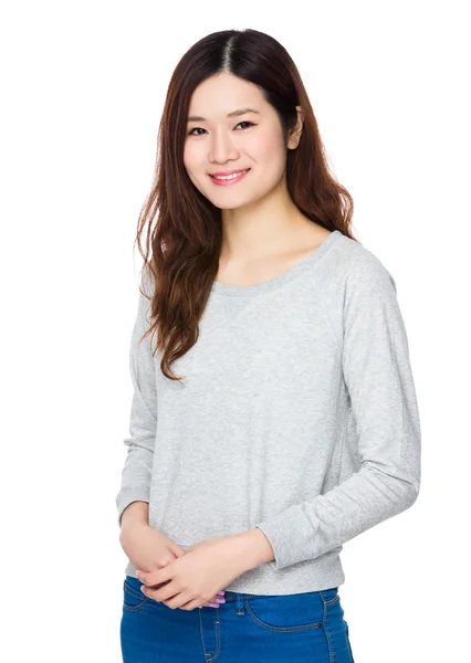 Asian young woman in grey sweater — Stock Photo, Image