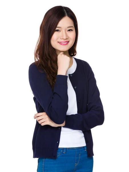 Asian young woman in blue cardigan — Stock Photo, Image