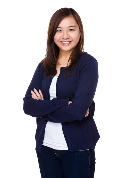 Asiática jovem mulher em azul cardigan — Fotografia de Stock