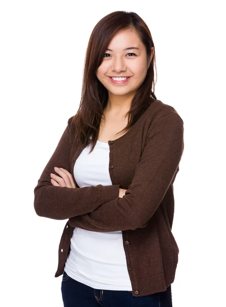 Asiática joven mujer en marrón cárdigan — Foto de Stock