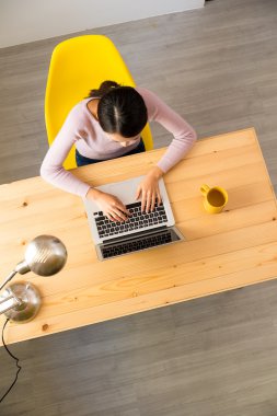 vrouw met behulp van zakboekje computer
