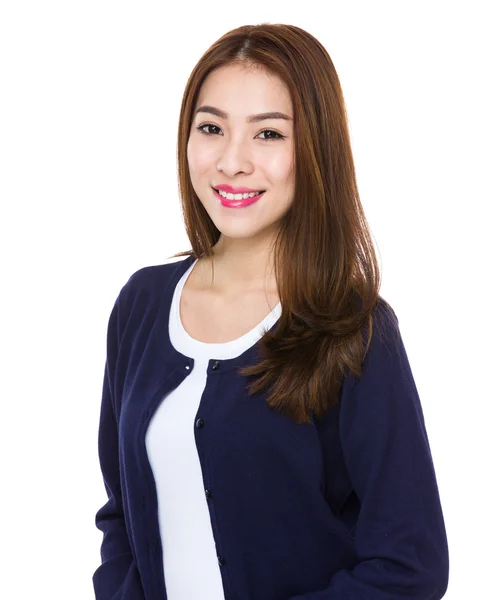 Asian young woman in blue cardigan — Stock Photo, Image