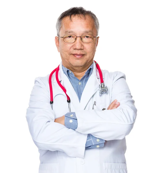 Asiatique vieux docteur en blanc manteau — Photo