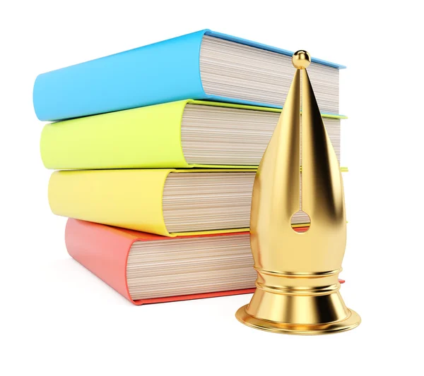 Stack of books and golden quill — Stock Photo, Image