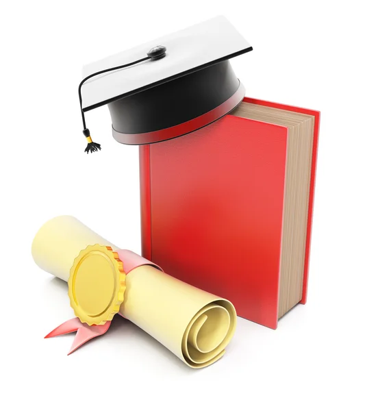 Libro con gorra de graduación y diploma — Foto de Stock