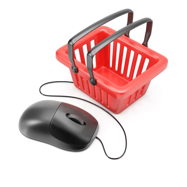 Ratón ordenador con cesta de la compra — Foto de Stock
