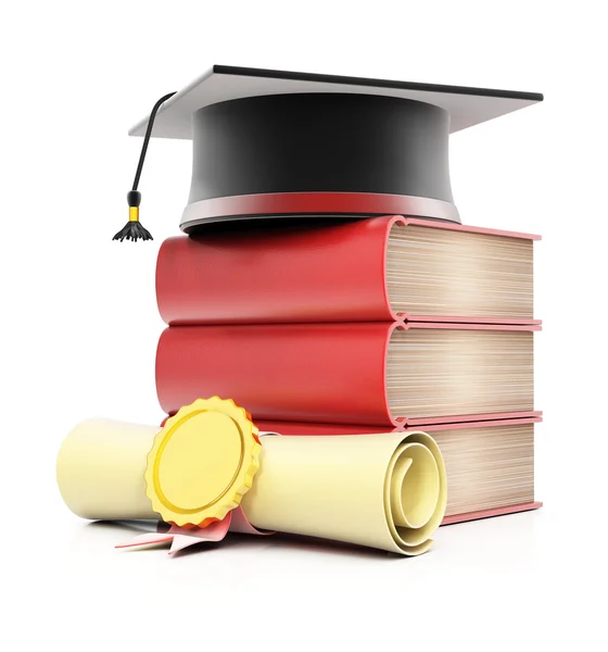 Stack of books with graduation cap and diploma — Stock Photo, Image