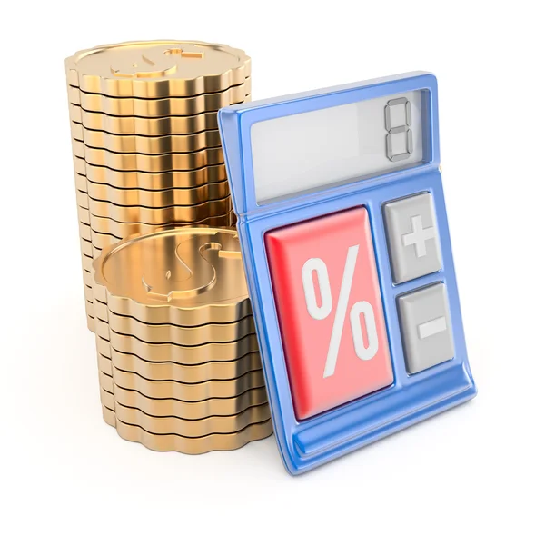 Montón de monedas y calculadora — Foto de Stock