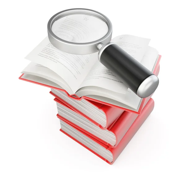 Stack of books with magnifier — Stock Photo, Image