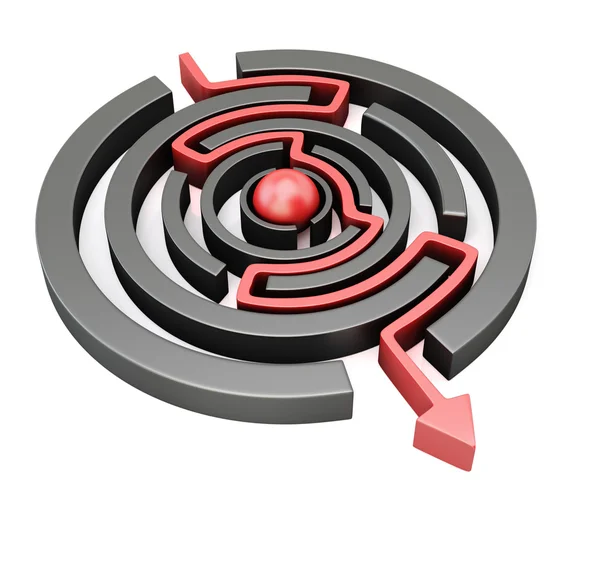 Roter Pfeil durchquert kreisförmiges Labyrinth — Stockfoto