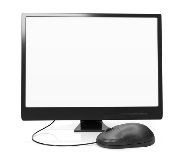 Front view of monitor with blank screen and computer mouse — Stock Photo, Image