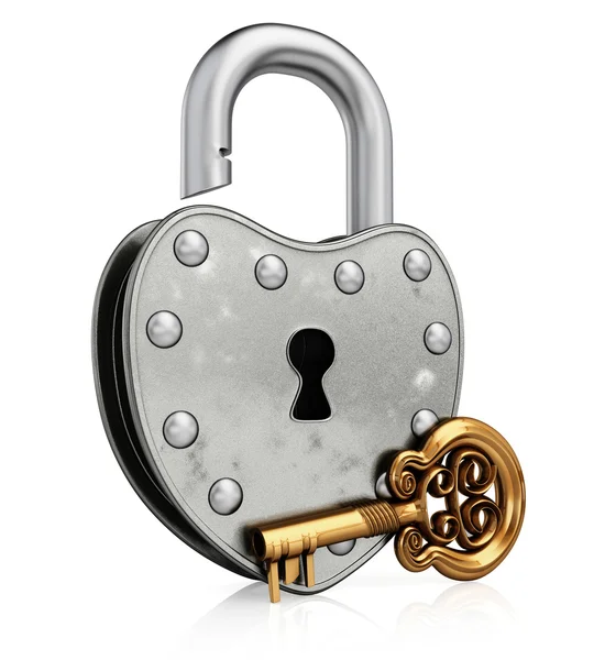 Open old padlock with gold key — Stock Photo, Image