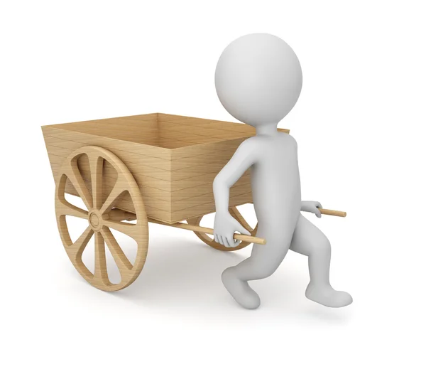 3D man with empty wooden cart — Stock Photo, Image