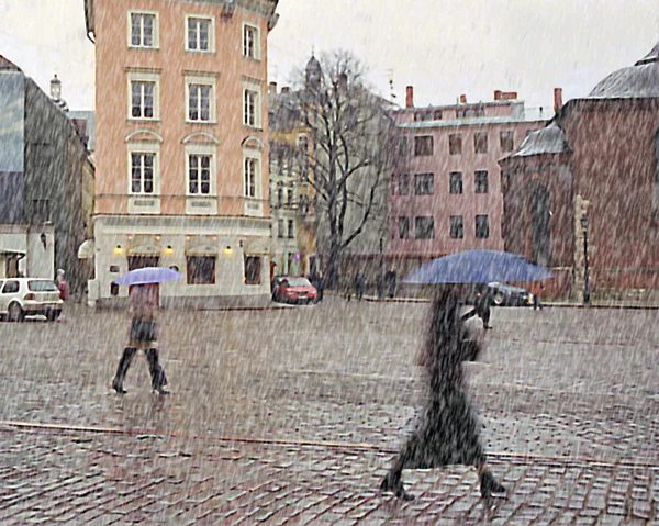 Bad weather. Sleet in the city late autumn. — Stock Photo, Image