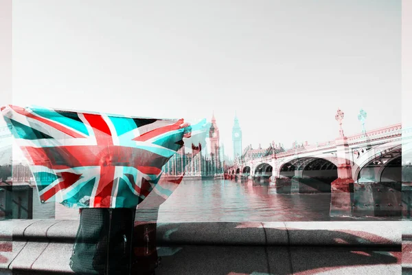 Woman Holding Union Jack Front Big Ben London — Stock Photo, Image