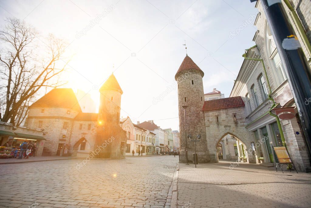 Gates of Tallinn Old Town in Estonia with lens flare