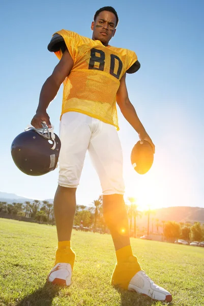 Photo African American Football Player Holding Helmet Ball Field — Stock Photo, Image