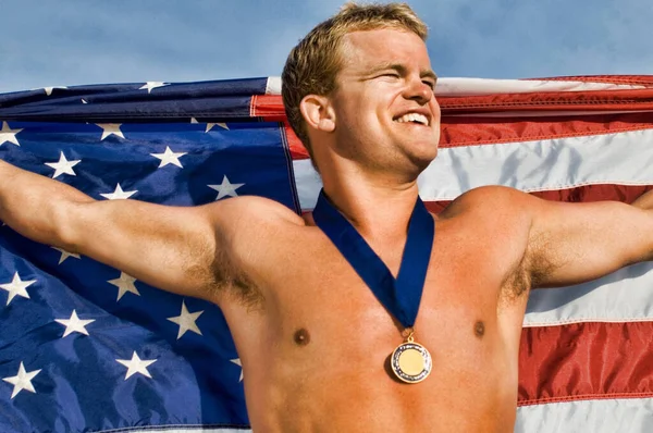 Photo American Swimmer Winner American Flag — Stock Photo, Image