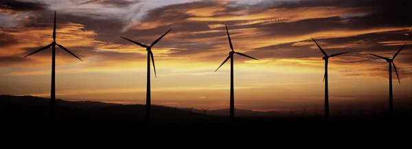 Photo Spinning Wind Turbines Sunset — Stock Photo, Image