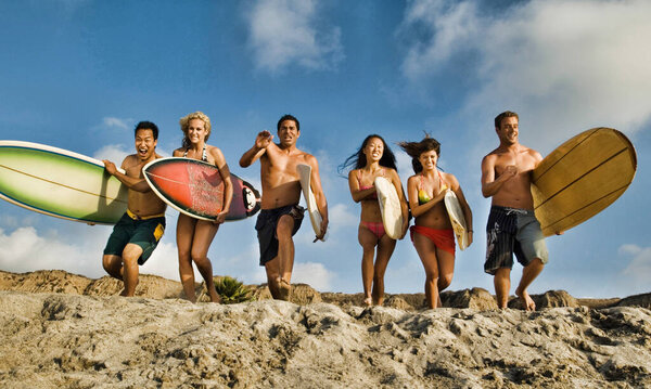 Group Photo Friends Running Ocean Surfing Boards Stock Picture