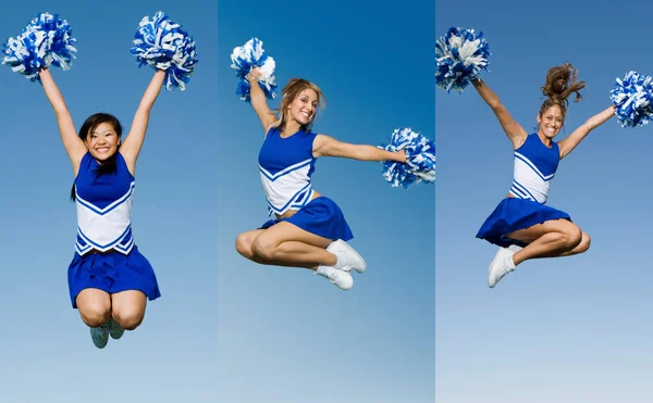 Collage Porträt Einer Cheerleaderin Die Mit Bommelmützen Die Luft Springt — Stockfoto