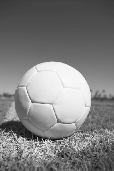 Black and white photo of football on the pitch