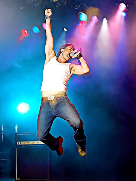 Γελοιοποιήστε Νεαρό Άνδρα Τραγουδώντας Και Πηδώντας Στη Σκηνή Συναυλία — Φωτογραφία Αρχείου