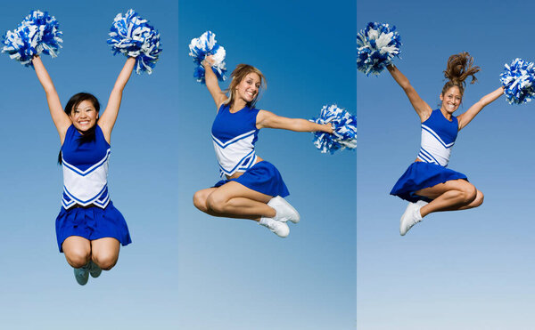 Collage Portrait Cheerleader Jumping Air Pom Poms Royalty Free Stock Photos