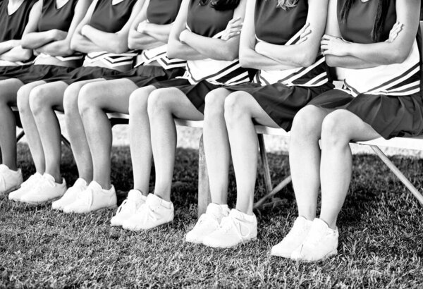 Black White Photo Cheerleaders Sitting Bench Royalty Free Stock Photos
