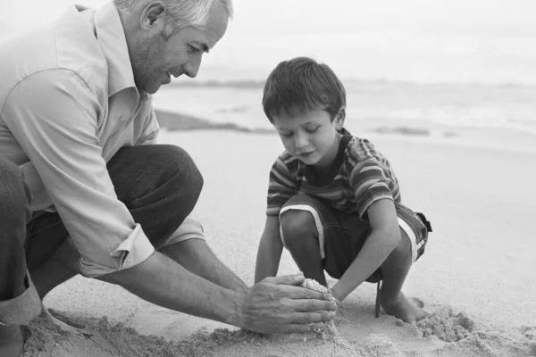 Schwarz Weiß Foto Von Vater Und Sohn Beim Gemeinsamen Bau — Stockfoto