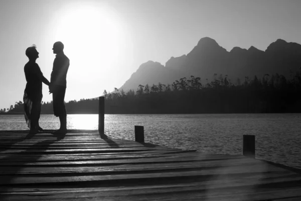 Black White Photo Senior Couple Showing Affection Pier — Stock Photo, Image