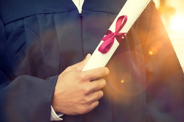 Closeup Young Male Student Holding Diploma Graduation Day — Stock Photo, Image