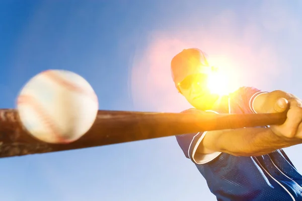 Batter Hitting Baseball Sunny Day — Stock Photo, Image