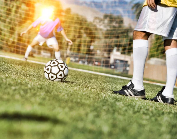 Low Angle View Goalie Defending — Stock Photo, Image