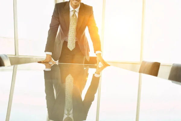 Portrait Happy Businessman Leaning His Hands Conference Table — Stock Photo, Image