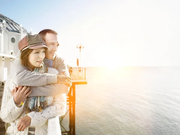 Affectionate Couple Standing Pier — Stock Photo, Image