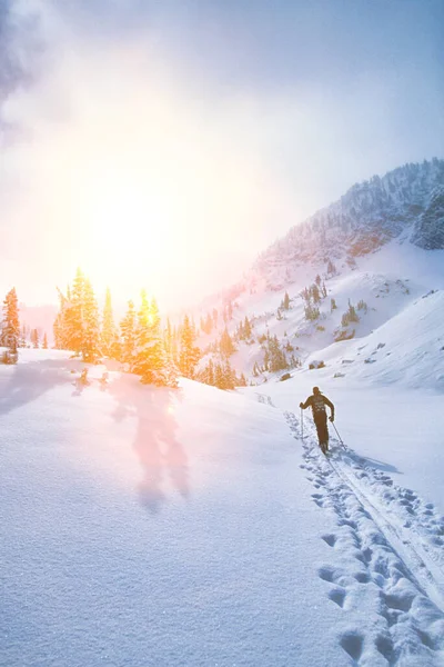 滑雪者穿越雪山的背景图 图库照片