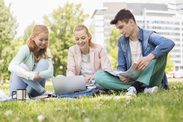 Uomo con amiche che studiano — Foto Stock