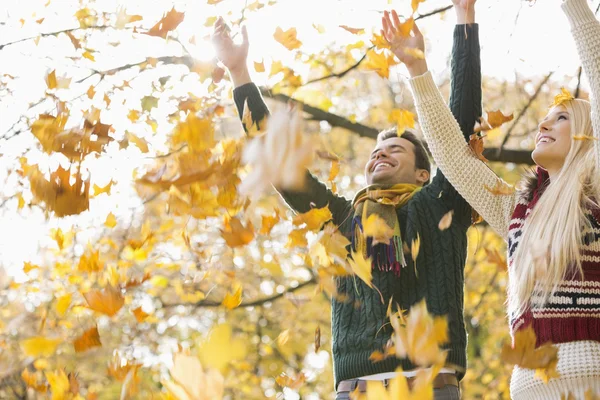 Coppia godendo caduta autunno foglie — Foto Stock